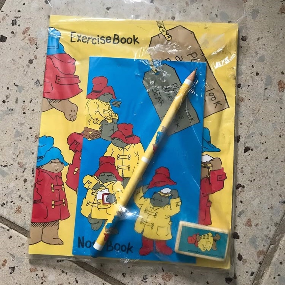 1989 P A D D I N G T O N Bear Exercise book , notebook, pencil and eraser